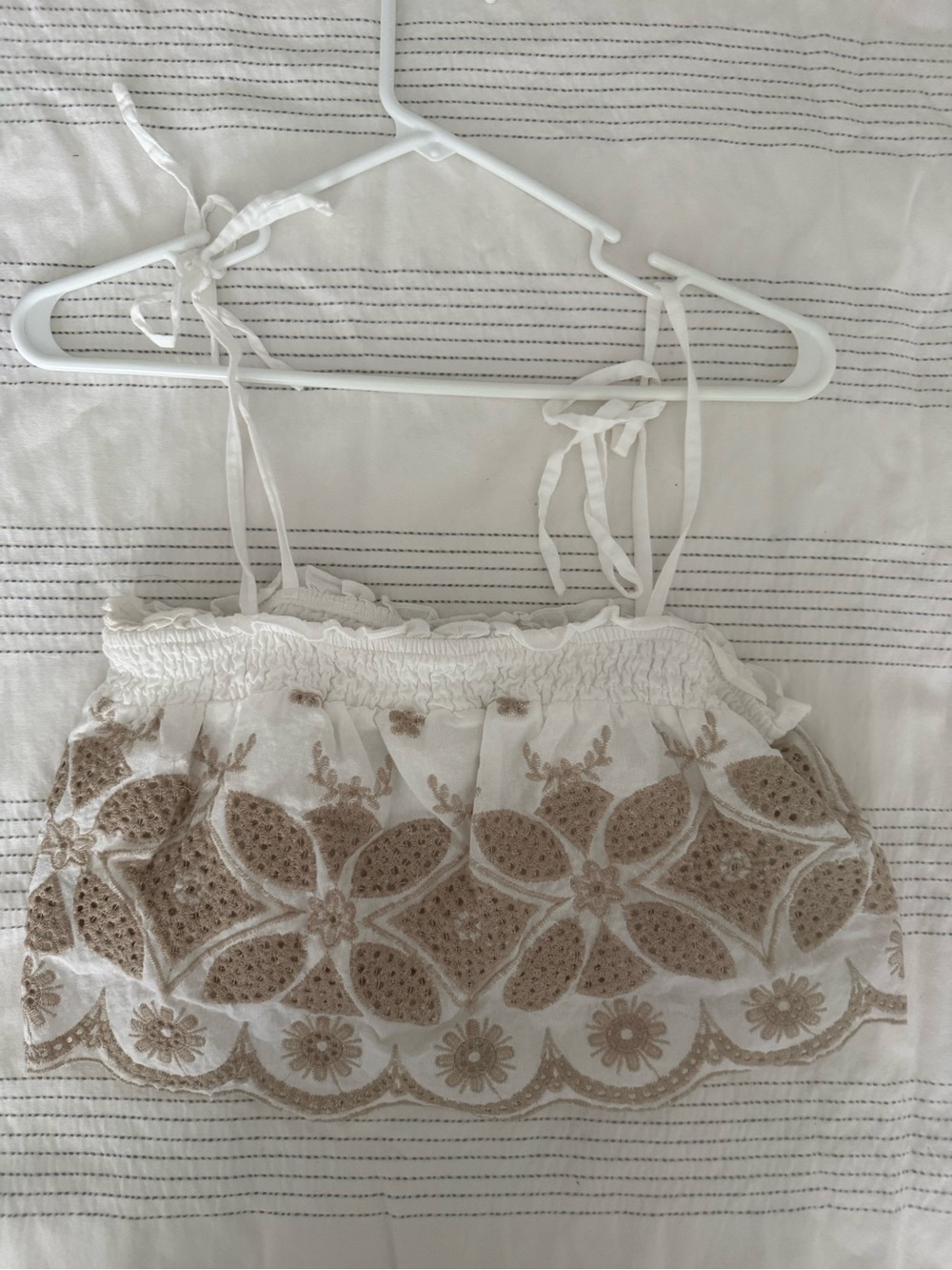 White Boho Embroidered Crop Top with Beige Floral Motif